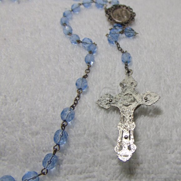 Catholic Rosary with Light Blue Clear Beads and Ornate Cross & Mary Medallion - Picture 3 of 5